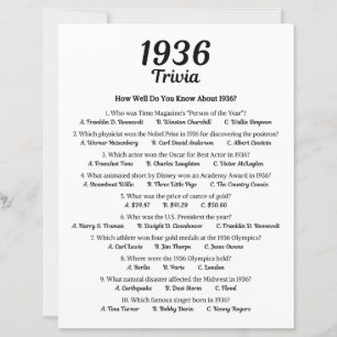 Papier Trivia Game 1936 Jeu de fête du 89e anniversaire