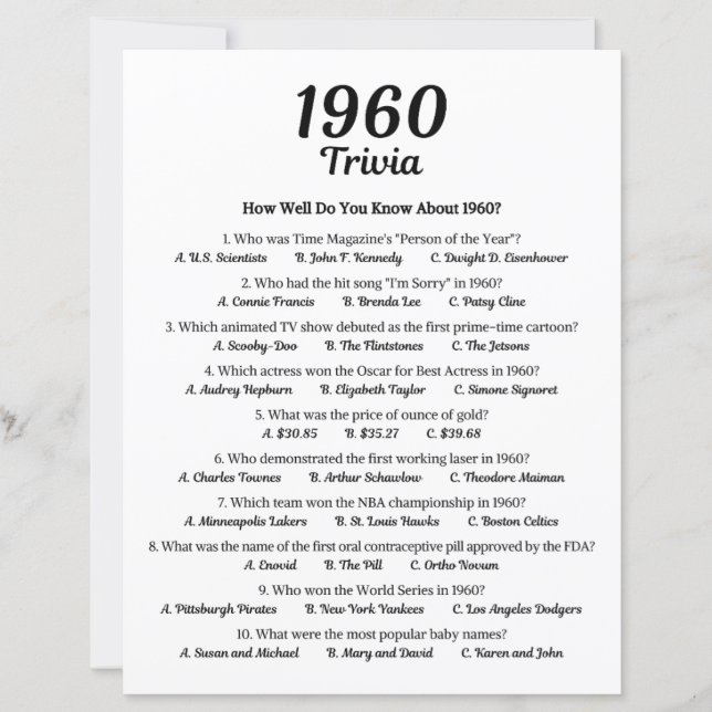 Papier Trivia Game 1960 (Devant)