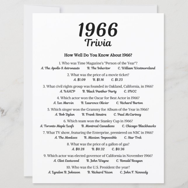 Papier Trivia Game 1966 | 59e fête d'anniversaire (Devant)