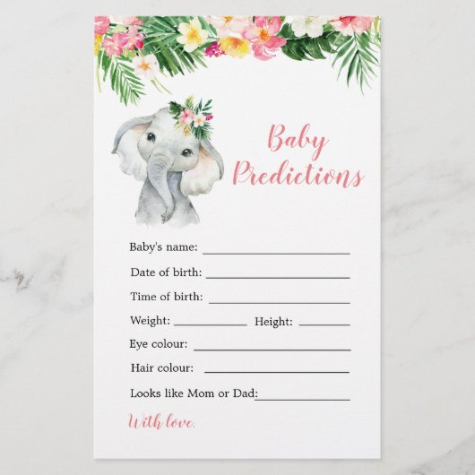 Papier Tropical Elephant Girl Baby shower prédiction bébé (Devant)