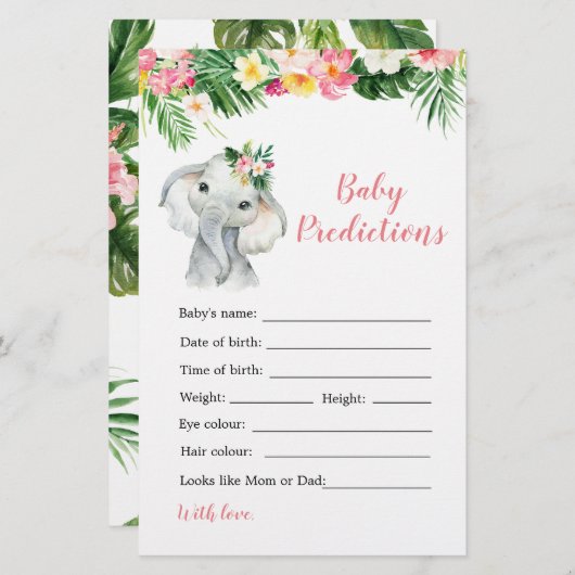 Papier Tropical Elephant Girl Baby shower prédiction bébé (Devant / Derrière)