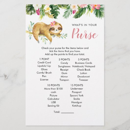 Papier Tropical Girl Sloth Baby shower Jeu de bourse (Devant)