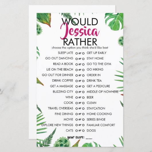 Papier Tropical Leaf Personnalisable Voudrait-Elle Plutôt (Devant / Derrière)