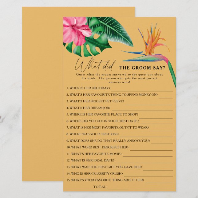 Papier Tropical - Qu'est-ce que le marié a dit jeu nuptia (Devant / Derrière)