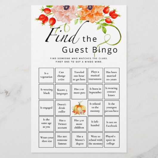 Papier Trouver Le Jeu De Baby shower Citrouille De Bingo  (Devant)