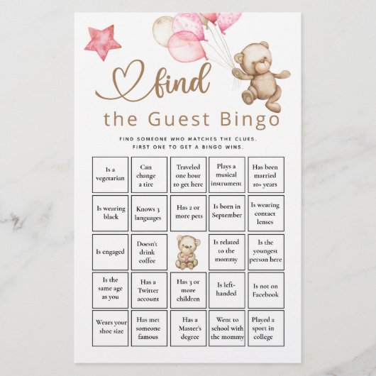 Papier Trouver L'Invité Bingo Bear Baby shower Jeu (Devant)