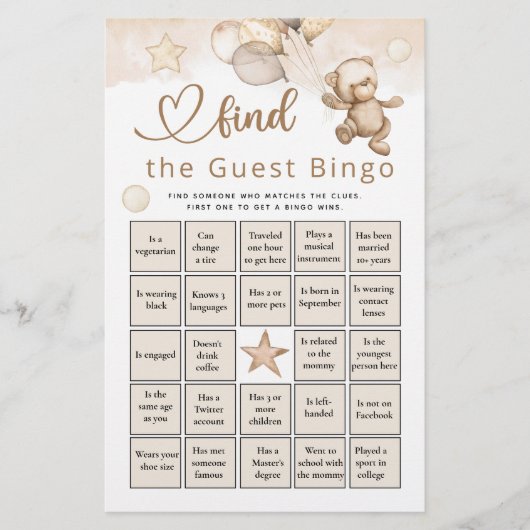 Papier Trouver L'Invité Bingo Bear Baby shower Jeu (Devant)