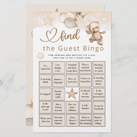 Papier Trouver L'Invité Bingo Bear Baby shower Jeu (Devant / Derrière)