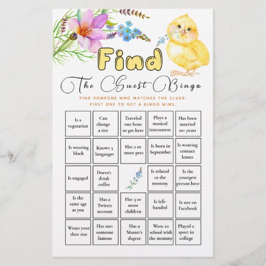 Papier Trouver L'Invité Bingo Little Chick Baby shower Je (Devant)
