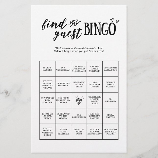 Papier Trouvez le jeu de bingo invité pour Mariage ou nup (Devant)