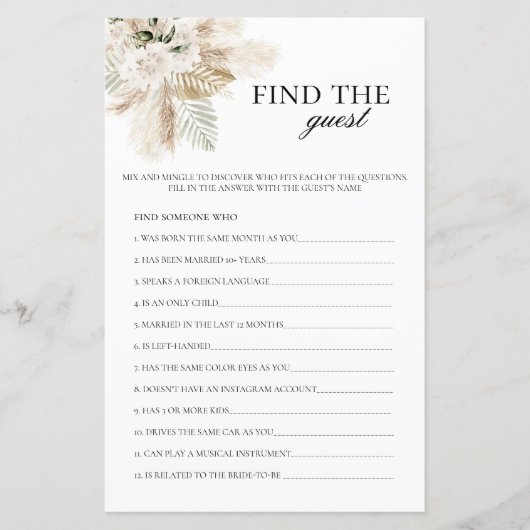Papier Trouvez le jeu de Fête des mariées Boho invité (Devant)