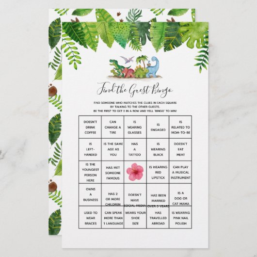 Papier Trouvez l'invité Bingo Dinosaur Baby shower jeu (Devant / Derrière)