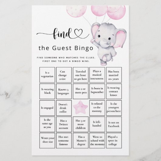 Papier Trouvez L'Invité Bingo Girl's Elephant & Flower Ga (Devant)