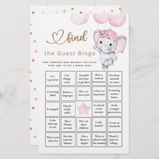 Papier Trouvez L'Invité Bingo Girl's Elephant & Flower Ga (Devant / Derrière)