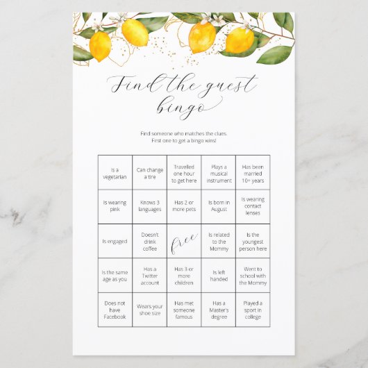 Papier Trouvez L'Invité Bingo Lemon Citrus Baby shower Je (Devant)