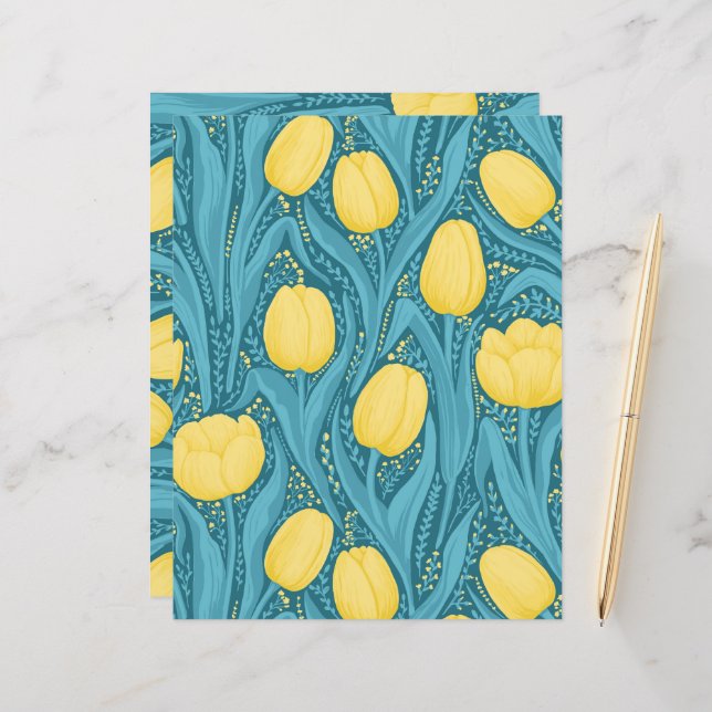 Papier Tulipes en bleu et jaune (Devant/Arrière en situation)