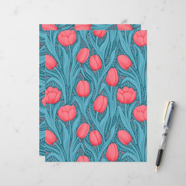 Papier Tulipes en bleu et rouge (Devant/Arrière en situation)