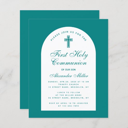 Papier Turquoise Arc Budget Boy First Communion Invitatio (Devant / Derrière)