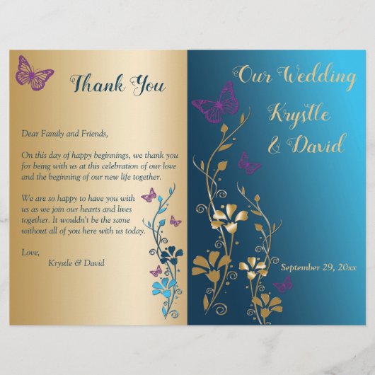 Papier Turquoise Gold Purple Floral Bi-Fold Wedding Progr (Devant)