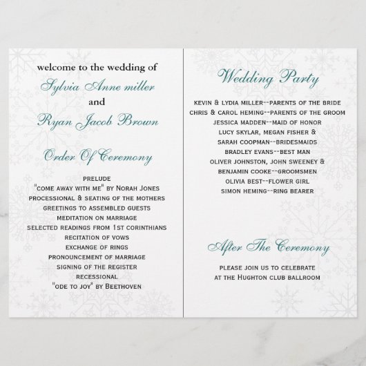 Papier Turquoise White snowflakes mariage d'hiver (Dos)