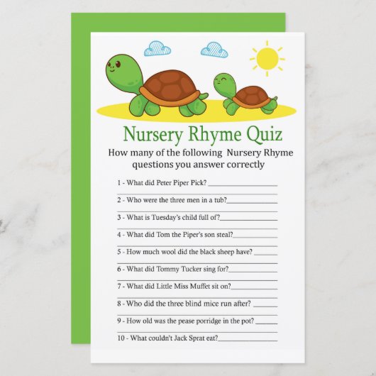 Papier Turtle Nursery Rhyme Quiz jeu de baby shower (Devant / Derrière)