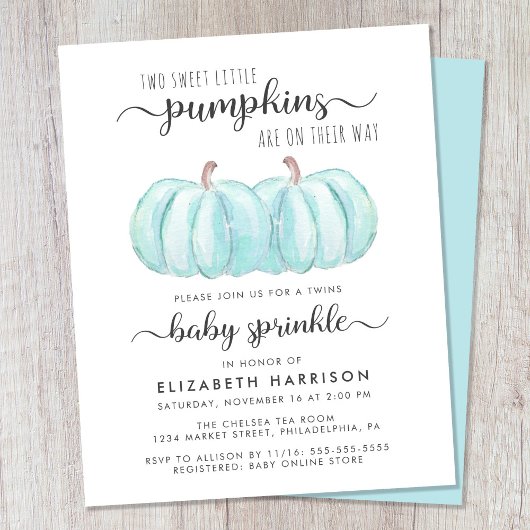 Papier Twin Boys Blue Citrouille Baby Sprinkle Invitation