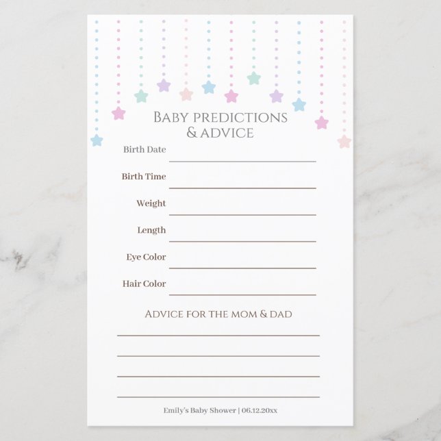 Papier Twinkle Little Stars Baby shower Devinant Jeu (Devant)