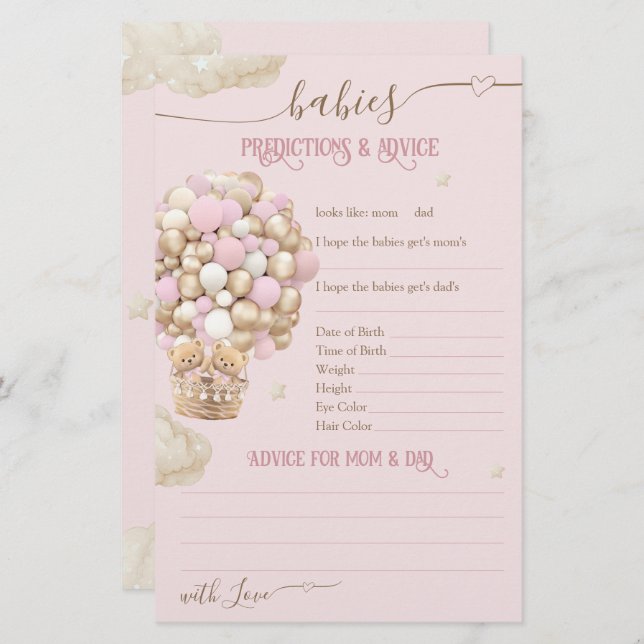 Papier Twins Bear Balloons rose Bébé Fille Douche Jeu (Devant / Derrière)