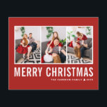 Papier Typographie moderne Red Photo Collage Noël<br><div class="desc">Joyeux Noël! Envoyez vos souhaits chaleureux cette saison avec cette carte de Noël personnalisable de collage photo. Il présente une typographie simple avec un arrière - plan rouge. Personnalisez en ajoutant vos photos, noms, année et autres détails. Cette carte de Noël moderne est disponible en d'autres couleurs et en carton....</div>