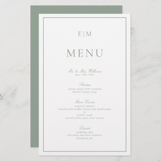 Papier Typographie moderne Sage Vert Monogramme Mariage M (Devant / Derrière)