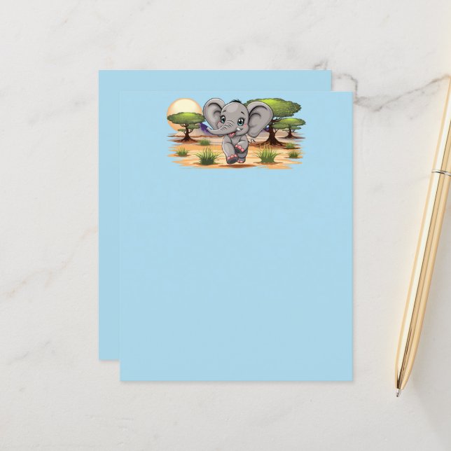 Papier Un bébé éléphant qui sonne heureux dans la savane  (Devant/Arrière en situation)