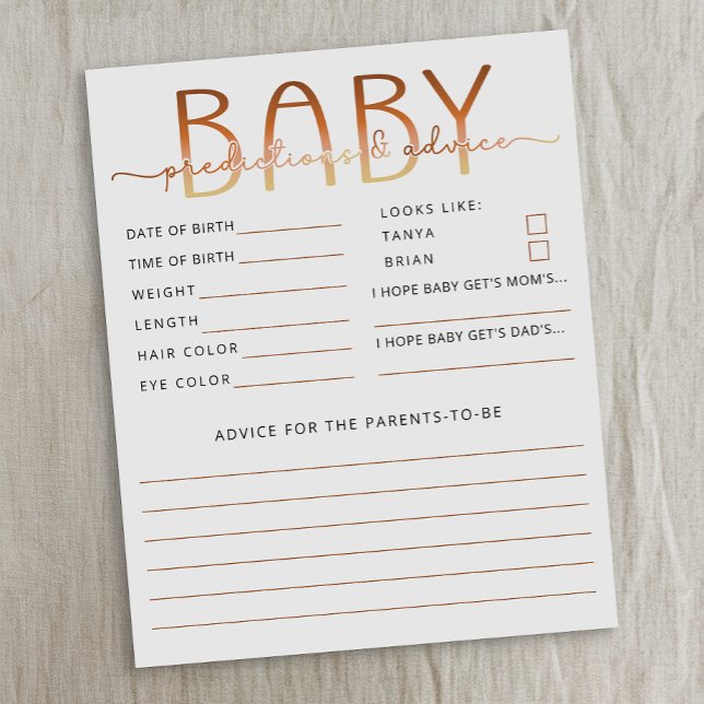 Papier Un bébé se prépare Prédictions et conseils pour bé (Baby shower game & activity)
