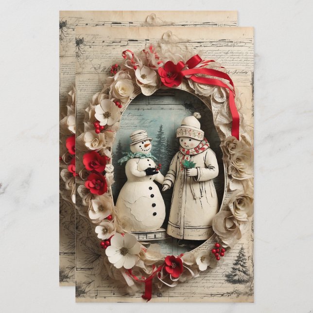 Papier Un couple de motoneiges en couronne Noël (Devant / Derrière)