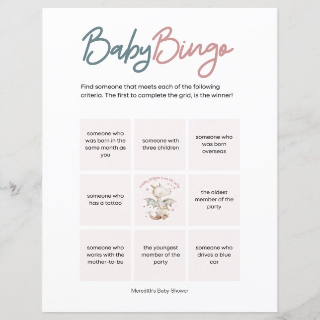 Papier Un Dragon Bébé est en route Baby shower Bingo Bébé (Devant)