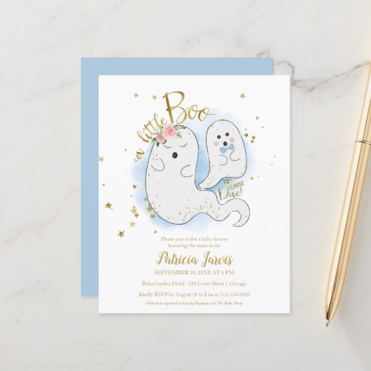 Papier Un petit budget Boo Boo Invitation Baby shower gar (Devant/Arrière en situation)