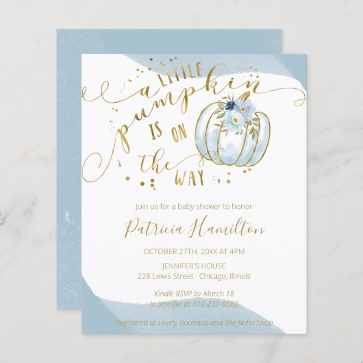 Papier Un petit budget Citrouille Baby shower garçon Invi (Devant / Derrière)