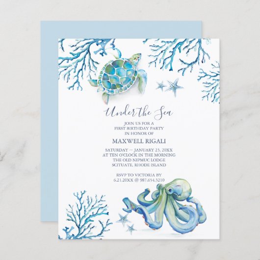 Papier Under the Sea Boys Budget 1er anniversaire Invitat (Devant / Derrière)