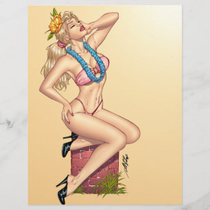 Papier Une petite fille blonde avec des fleurs en bikini