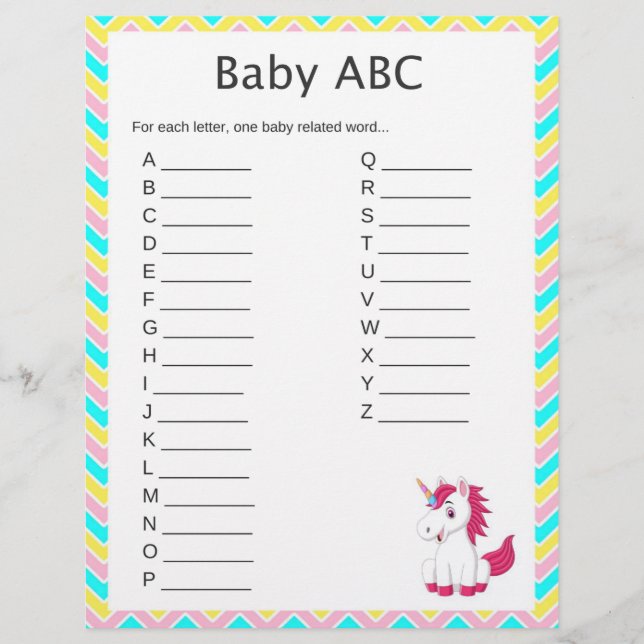 Papier Unicorn Baby ABC Baby shower Jeu (Devant)