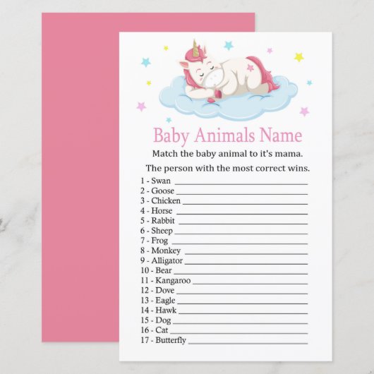 Papier Unicorn Baby Animaux Nom Jeu (Devant / Derrière)