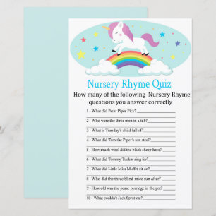 Papier Unicorn Nursery Rhyme Quiz jeu de baby shower