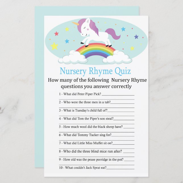 Papier Unicorn Nursery Rhyme Quiz jeu de baby shower (Devant / Derrière)