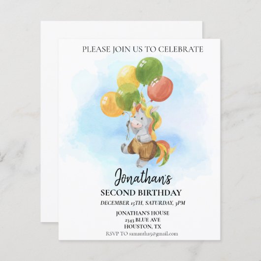 Papier Unicorne d'anniversaire avec ballons aquarelle (Devant / Derrière)