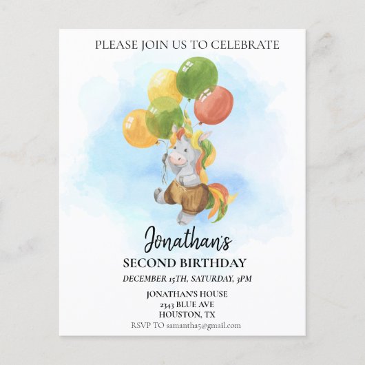 Papier Unicorne d'anniversaire avec ballons aquarelle (Devant)