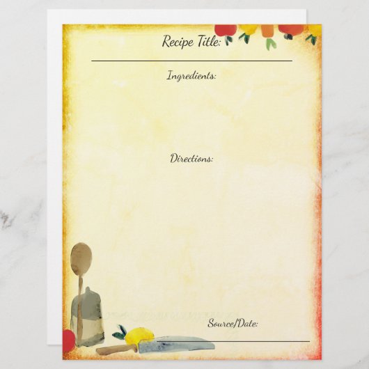 Papier ustensiles de légumes de fruits recette en-tête (Devant / Derrière)