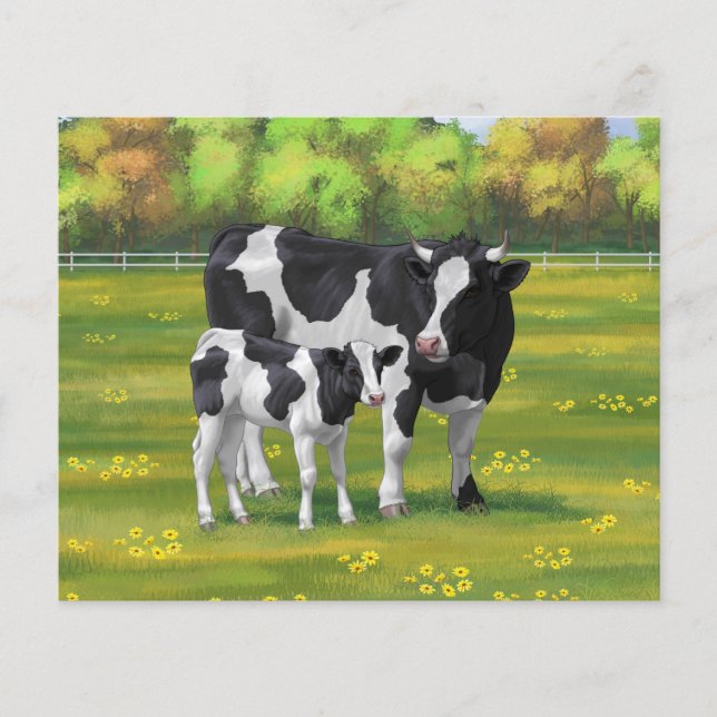 Papier Vache Holstein et veau mignon en pâturage d'été (Devant)