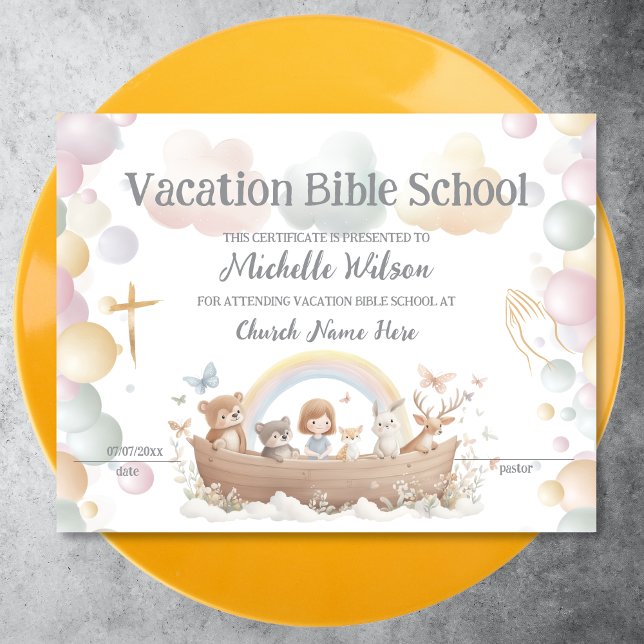 Papier VBS Certificat Vacance Bible School (noah's arc children illustration in pastel colors)