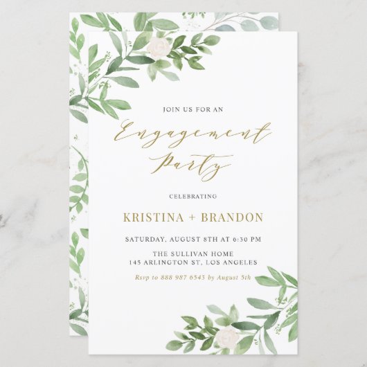 Papier Végétation et fleurs blanches Invitation Fiançaill (Devant / Derrière)