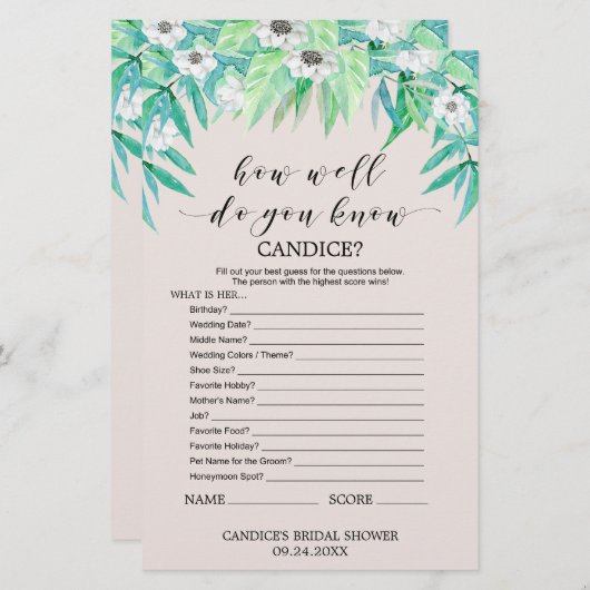 Papier Verdure "Comment Bien Connais-Tu La Mariée" Jeu (Devant / Derrière)