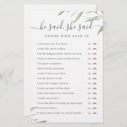 Papier Verdure Il a dit Elle a dit jeu de douche nuptiale (Devant / Derrière)